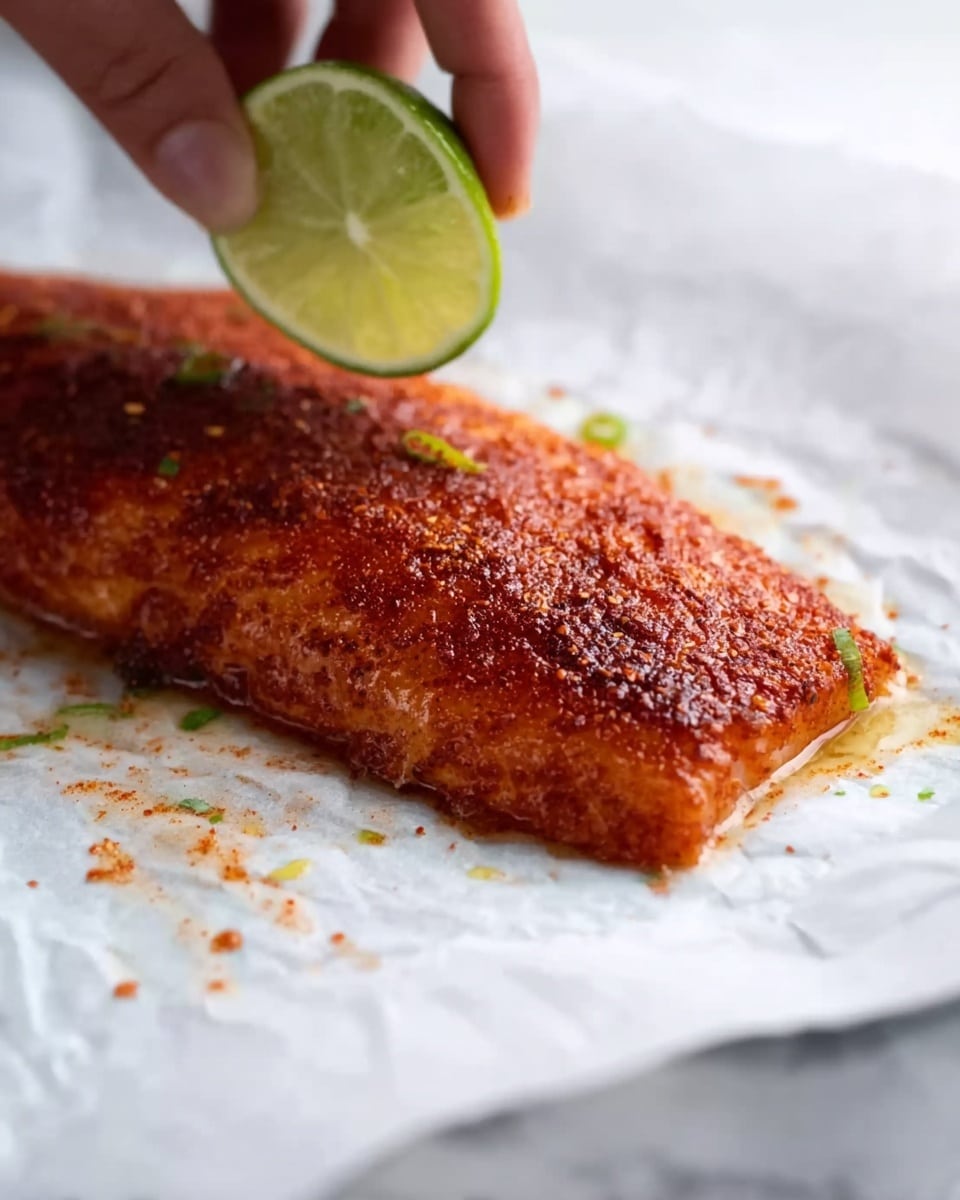 A single piece of cooked fish with a spicy red seasoning on top rests on white parchment paper placed on a white marbled surface. The fish has a golden brown texture with small flecks of seasoning scattered around it. A woman's hand is squeezing a green lime wedge over the top right portion of the fish, adding a fresh touch to the scene. The background is softly blurred to focus on the fish and the woman's hand. Photo taken with an iphone --ar 4:5 --v 7