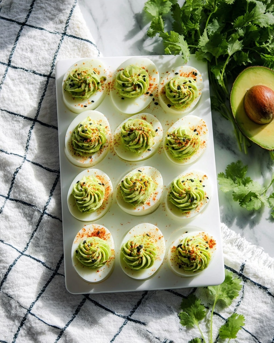 The image shows a white tray holding twelve deviled eggs arranged in three rows of four. Each egg has a smooth white base layer of egg white, topped with a thick swirl of light green creamy filling. The filling is garnished with small black and white seeds and sprinkled with a reddish-orange powder, giving a touch of color contrast. To the right of the tray, there is a halved avocado with bright green flesh and a brown pit, along with fresh green cilantro leaves. The tray is placed on a white marbled surface next to a white cloth with dark blue grid lines. The lighting is bright and natural, highlighting the fresh textures and colors. Photo taken with an iphone --ar 4:5 --v 7