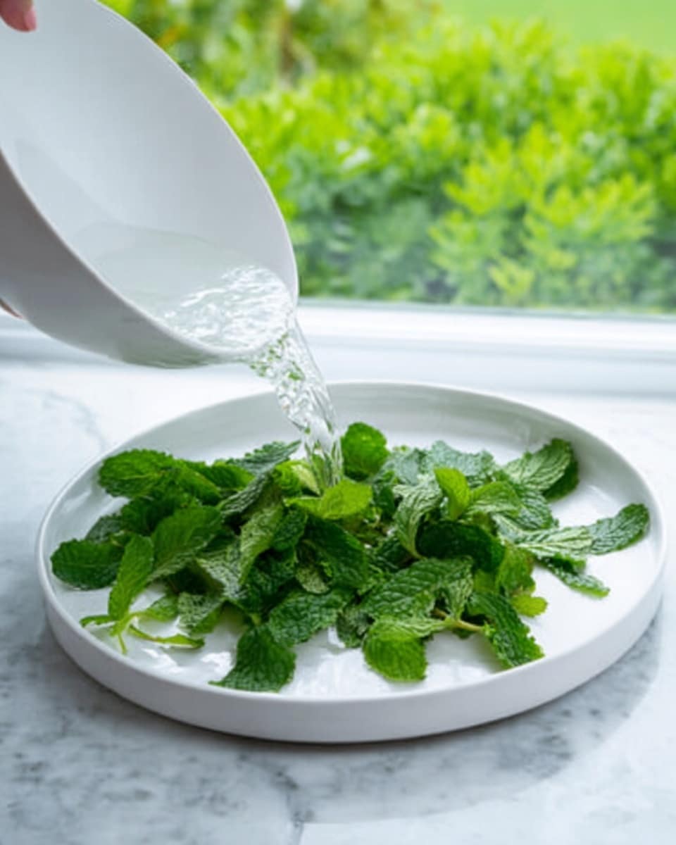 The image shows a white plate on a white marbled surface near a window with green grass outside. The plate has fresh, bright green mint leaves spread evenly across it, each leaf showing fine vein details and a slightly rough texture. A white bowl is tilted above the plate, pouring clear water onto the leaves, creating small glossy wet spots on them. The overall lighting is soft and natural, highlighting the fresh texture and vibrant green color of the mint leaves. A woman's hand holds the bowl gently from above. Photo taken with an iphone --ar 4:5 --v 7