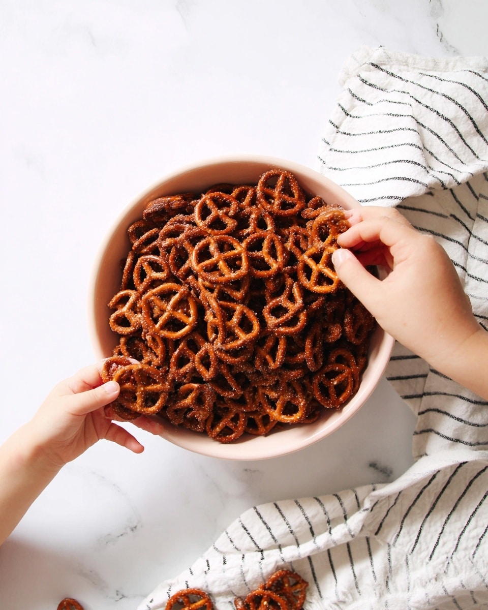 A white bowl filled with a large pile of brown pretzels covered in a sugary spice mix is placed on a white marbled surface. Two small children's hands reach in from the left side, each holding a single pretzel. A white cloth with black stripes is casually placed near the bowl on the upper right corner. The overall setting has a bright and clean look with soft natural light, highlighting the texture of the pretzels and the hands. photo taken with an iphone --ar 4:5 --v 7