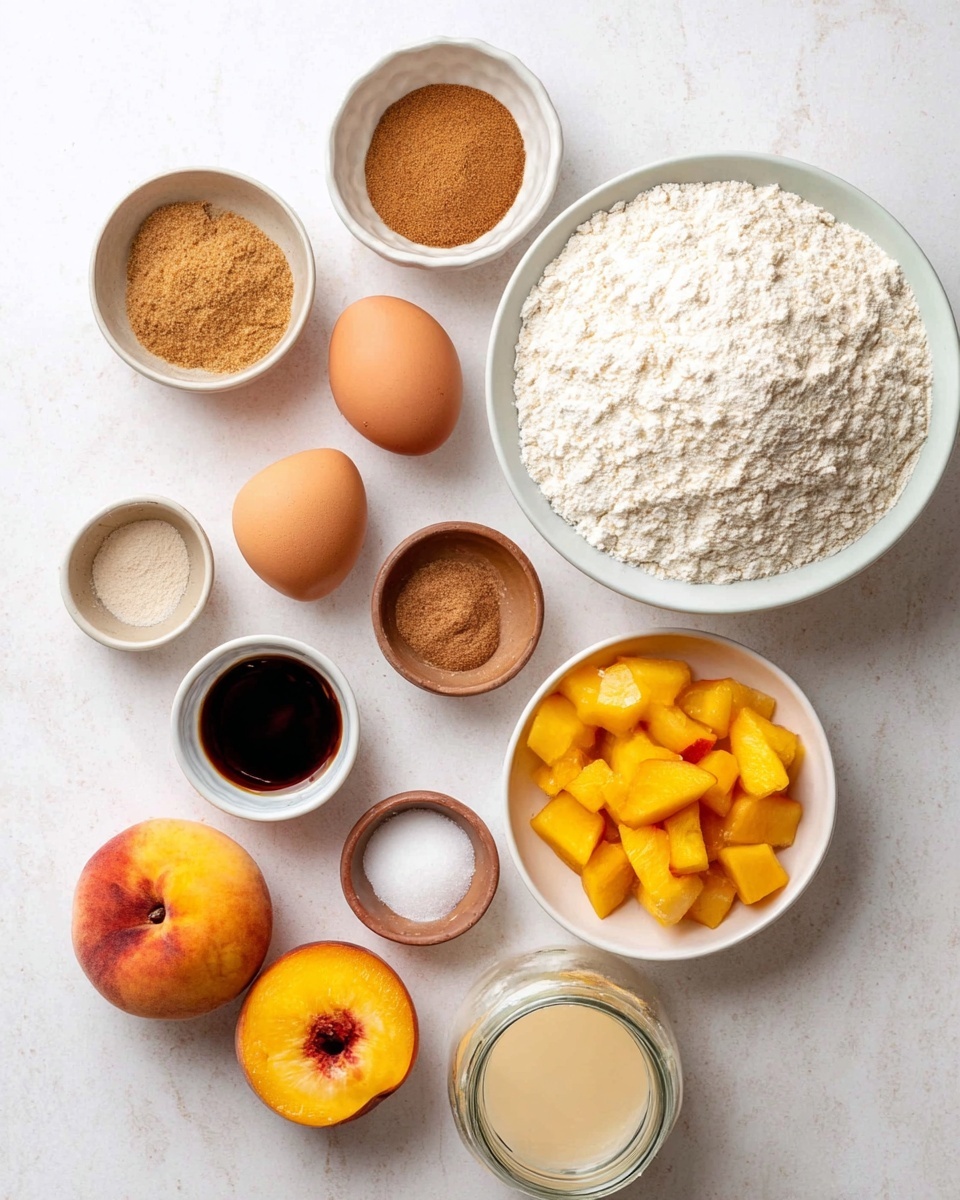 The image shows an overhead view of various baking ingredients laid out on a white marbled surface. There is a large white bowl filled with light beige flour at the top right. Around it are small white and brown bowls containing ground cinnamon, baking powder, brown sugar, and salt. Two brown eggs are placed near the center, alongside a small white dish holding a dark liquid, likely vanilla extract. Fresh yellow peaches are featured both whole, halved revealing the pit, and peeled into chunks in a small white bowl. A clear glass jar with a light beige liquid is also present. The arrangement is neat, with each ingredient spaced apart clearly. photo taken with an iphone --ar 4:5 --v 7