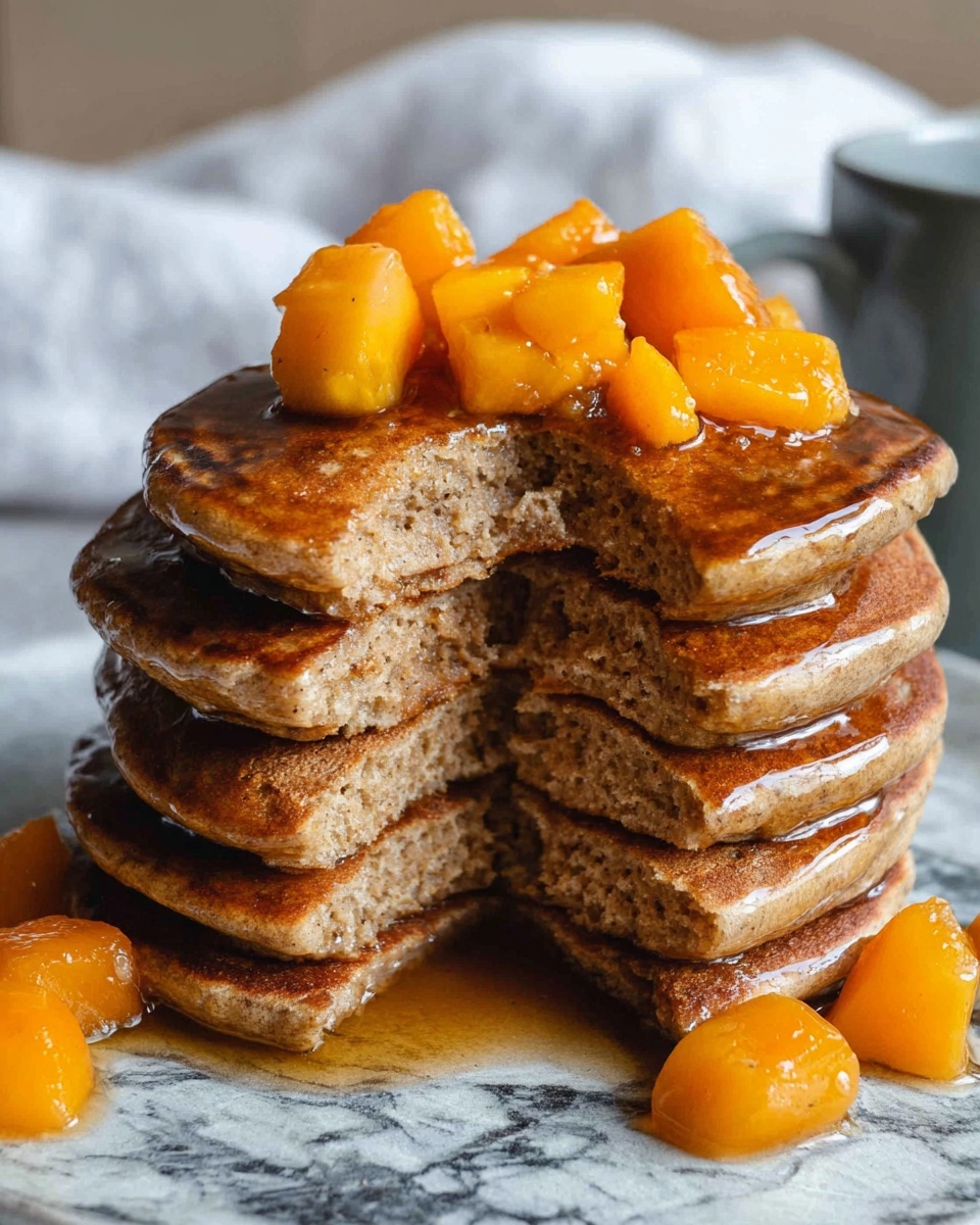 A stack of seven thick, brown pancakes sits on a surface with a white marbled texture. The top pancake has a bite taken out, showing a soft and slightly crumbly inside with a light brown color. Bright orange cubes of fruit are scattered on top and around the stack, with more pieces arranged neatly on the top pancake. A shiny syrup glaze covers the pancakes in a thin layer, giving them a moist look. A white cloth with a simple pattern is blurred in the background, along with a grey mug. photo taken with an iphone --ar 4:5 --v 7