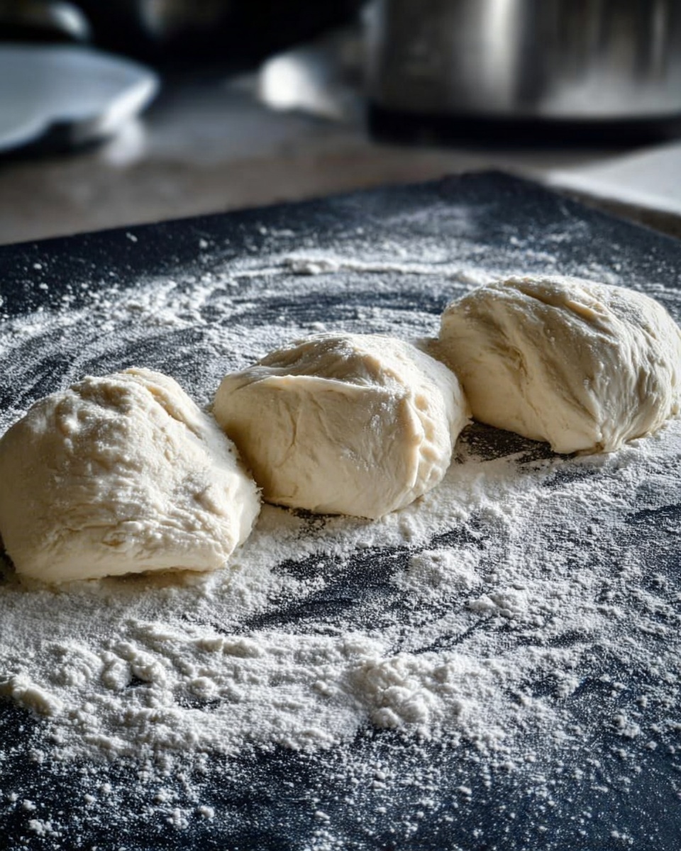 The image shows three small, uneven pieces of dough placed side by side on a dark surface lightly dusted with white flour. Each dough piece is pale cream in color with a rough, slightly wrinkled texture, and none of them are perfectly round, with some folds and creases visible. The scattered flour around the dough creates a thin white border that contrasts with the dark surface beneath. The background includes blurred kitchen elements. Photo taken with an iphone --ar 4:5 --v 7
