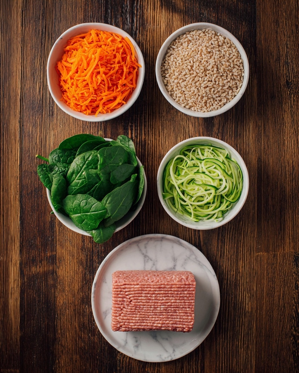 The image shows five containers with different ingredients arranged on a dark wooden surface. At the bottom center, there is a white plate holding a rectangular block of light pink ground meat with visible ridges on top. Above it, to the left, is a white bowl filled with bright orange shredded carrots with a fine texture. To the right of the carrots, another white bowl contains light green shredded zucchini in thin strands. Above these two, a white bowl on the left holds fresh, large green spinach leaves with a slightly crinkled texture. To the right of the spinach, another white bowl is filled with light brown uncooked rice grains that have a rough texture. The whole arrangement is placed on a dark wood background replaced with a white marbled texture. photo taken with an iphone --ar 4:5 --v 7
