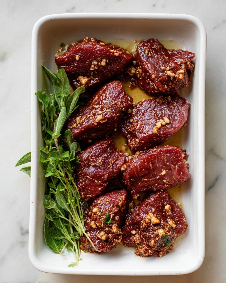 A white rectangular ceramic dish holds nine pieces of dark red marinated meat, each piece coated with small bits of light brown minced garlic and a shiny layer of marinade. The pieces are thick, uneven in shape, and arranged to fill the dish without overlapping. The meat shows a mix of smooth and slightly rough textures with visible seasoning. To the left side of the dish, fresh green herbs lie against a white marbled surface. Photo taken with an iphone --ar 4:5 --v 7