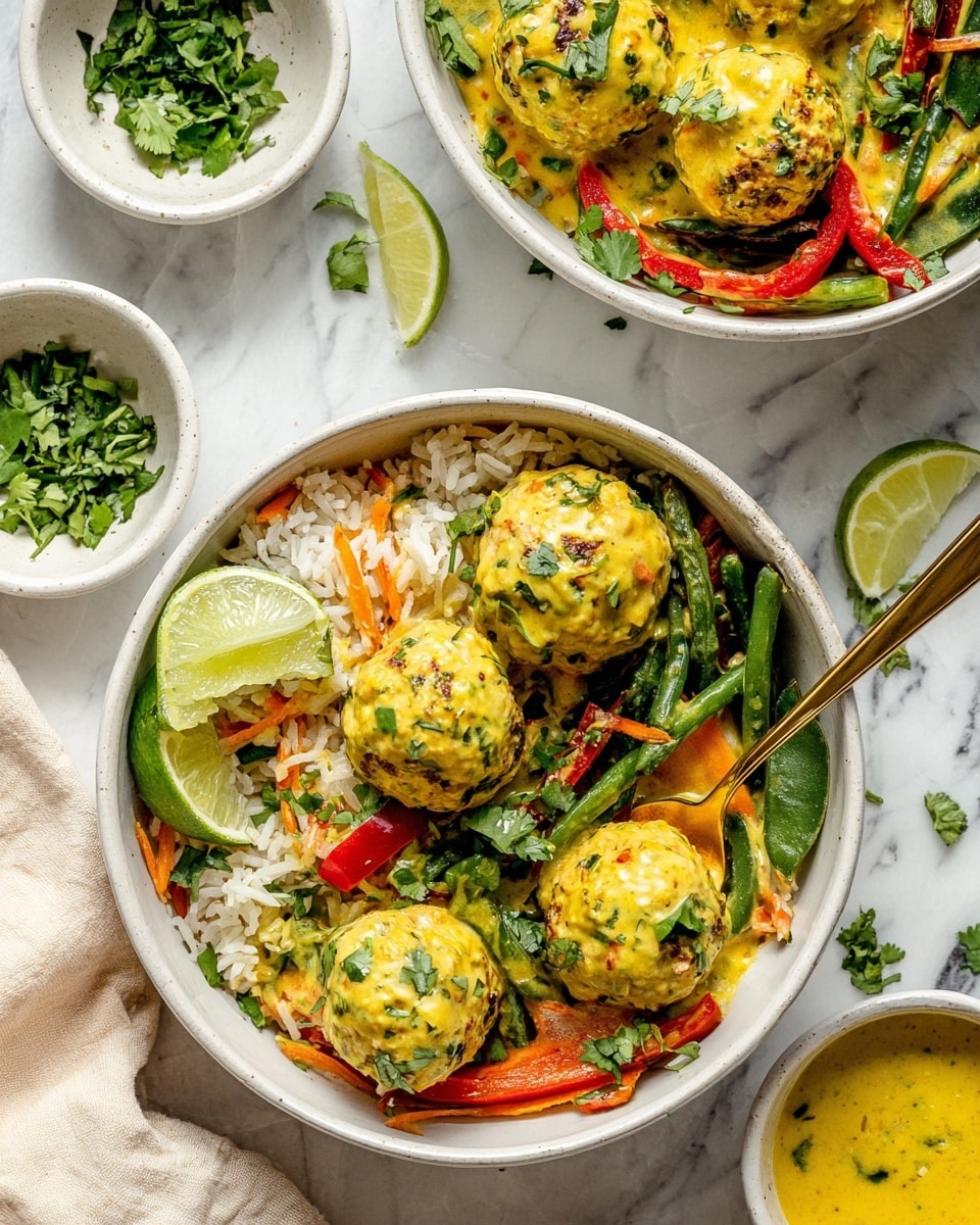 A white deep bowl holds a layered dish starting with a base of white rice mixed with small diced orange and green vegetables. On top, there are several yellow sauce-coated meatballs with visible bits of herbs. Green beans and sliced green onions are scattered between the meatballs. A lime wedge with black pepper is placed on one side of the bowl. The dish is garnished with chopped fresh green herbs. A gold fork rests inside the bowl. In the background, a white bowl filled with more of the yellow sauce with a gold spoon and another bowl with more meatballs and vegetables sit on a white marbled surface. Photo taken with an iphone --ar 4:5 --v 7