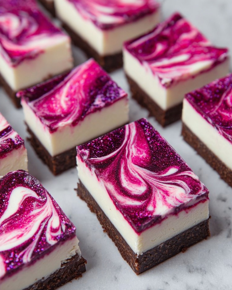 A two-layered dessert held in a woman's hand with a white marbled background. The bottom layer is a dark brown, smooth chocolate base, followed by a thick middle layer of creamy white cheesecake. Above that is another thin layer of dark chocolate, topped with a second thick white cheesecake layer. On top of the cake is a bright purple swirl sauce that lightly drips on the edges, and a small, vibrant purple orchid flower sits as a decoration at the top center. The woman's hand gently supports the cake, and the background is softly blurred. photo taken with an iphone --ar 4:5 --v 7