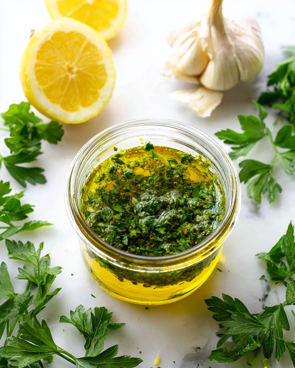 A small glass jar filled with a bright yellow olive oil base mixed with finely chopped green parsley floating on top, creating a textured, leafy layer. The jar is placed on a white marbled surface surrounded by fresh green parsley leaves scattered around it, two light yellow lemon halves positioned on the left side showing their soft inner texture, and a whole garlic bulb with a light tan, papery outer skin on the upper right. The scene is bright and clean, highlighting fresh ingredients used for a green herb dressing. Photo taken with an iphone --ar 4:5 --v 7