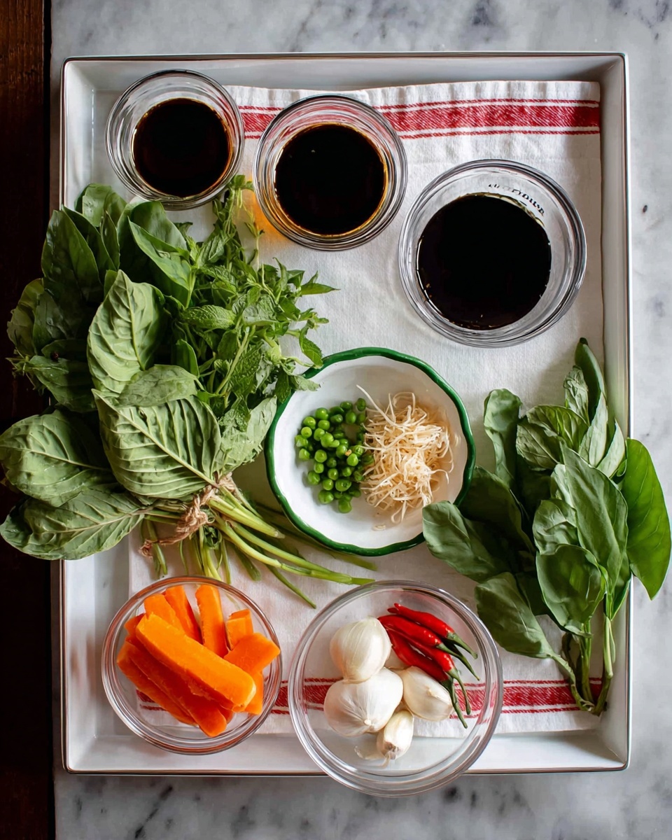 A white tray holds a white cloth with red stripes, arranged on a white marbled texture. On the left side, there is a bunch of green leafy herbs with broad leaves and stems. Above the herbs, four glass bowls hold dark sauces and liquids, varying from nearly black to light brown. At the center of the tray, a small white dish with a green rim contains fresh green peppercorns on stems and light brown shredded root pieces. To the right of the dish, a clear glass bowl holds bright orange carrot sticks. Next to that, another clear glass bowl contains four peeled garlic cloves and three small red chili peppers. At the top right corner, there are thick green leaves with stems, adding fresh greenery to the setup. Photo taken with an iphone --ar 4:5 --v 7