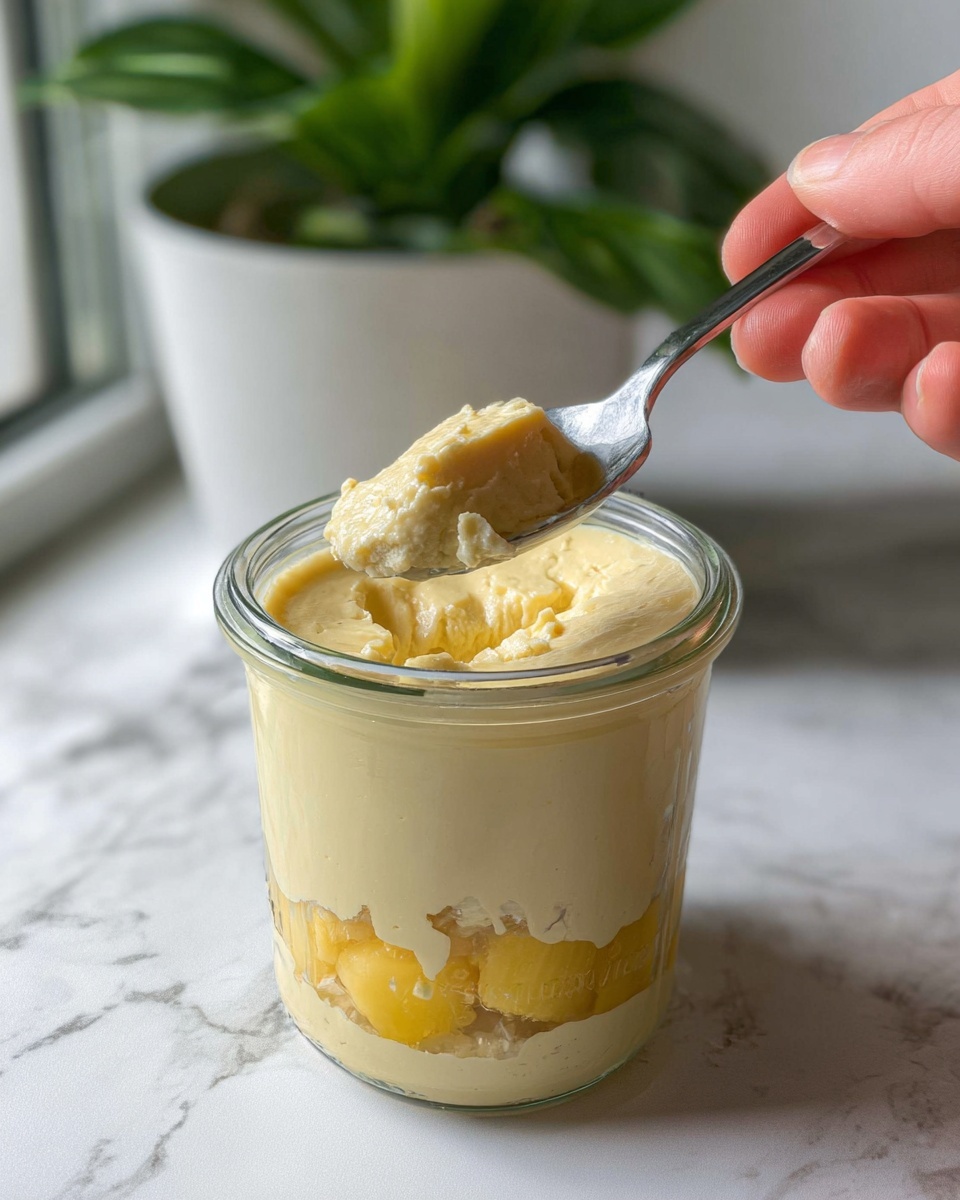 A clear glass jar held by a woman's hand shows a layered dessert with three main parts: the bottom layer is yellow fruit pieces, the middle layer is light beige and creamy with a smooth texture, and the top layer is a pale yellow soft custard that has cracks and pieces broken off. A metal spoon is inside the jar, scooping some of the creamy middle and top layers. The background is a white marbled surface near a green plant in a white pot. Photo taken with an iphone --ar 4:5 --v 7