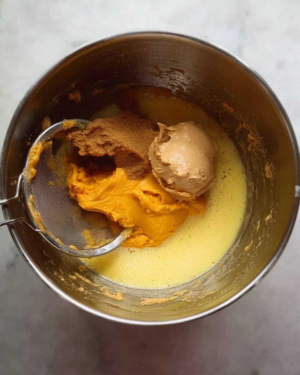 Inside a large silver mixing bowl on a white marbled surface, there are three main layers: a frothy yellow liquid at the bottom, a thick and soft orange layer sitting partly in the liquid, and a smooth, slightly shiny light brown dollop resting on top of the orange layer. A metal strainer is visible at the top edge, with some bits of the light brown mixture clinging inside it. Photo taken with an iphone --ar 4:5 --v 7