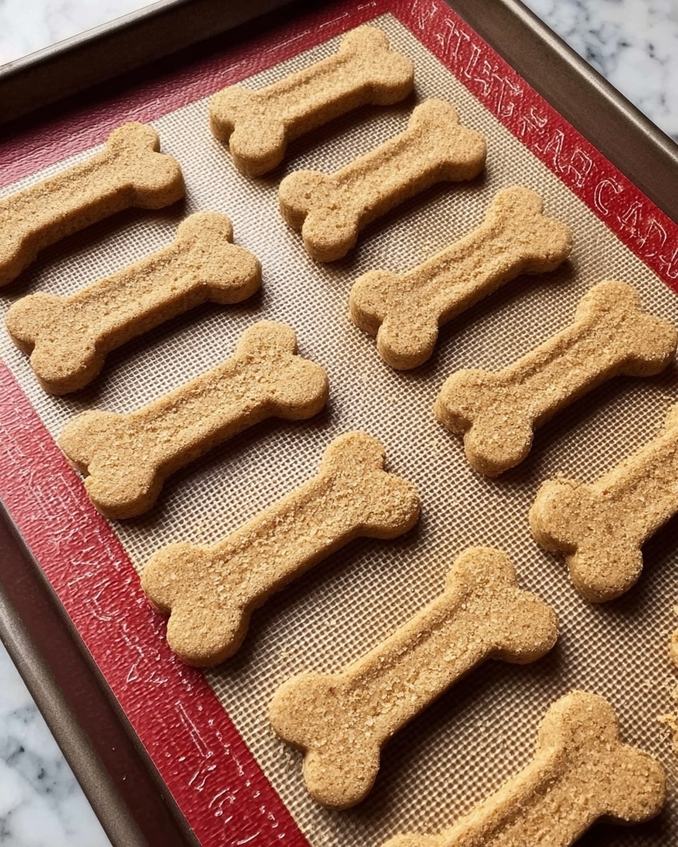 A baking tray holds three rows of bone-shaped treats, arranged neatly side by side. Each treat is light brown with a slightly grainy texture, showing small crumbs on their surfaces. They all have a clear bone shape with rounded ends and a narrow middle, and the baking sheet beneath them is lined with a textured, beige mat. The tray's edge shows a red border with some text printed on it. The scene has a white marbled textured surface underneath. photo taken with an iphone --ar 4:5 --v 7