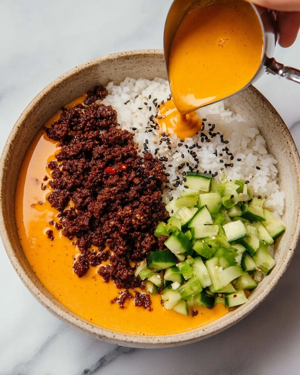 A beige speckled bowl sits on a white marbled surface, filled with three main layers. The bottom layer is a smooth, bright orange sauce covering the whole base of the bowl. On top of the sauce, there is white steamed rice on one side, sprinkled with some black sesame seeds. Next to the rice, there is a heap of dark brown cooked ground meat with a slightly crunchy texture. On the other side of the meat, small green diced cucumbers add a fresh contrast. A silver ladle held by a woman's hand pours more orange sauce into the bowl from above. Photo taken with an iphone --ar 4:5 --v 7