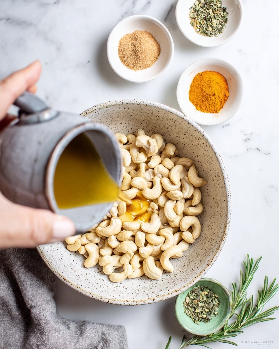 A woman's hand pours golden liquid from a small gray ceramic cup over a large white speckled bowl filled with pale, curved cashews. Around the bowl, on a white marbled surface, are four small white bowls with different spices: one with light brown sugar, one with bright orange powder, one with finely chopped green herbs, and one green bowl with a shiny surface. A sprig of fresh rosemary lies near the bottom right corner, and a folded gray cloth is partly visible in the bottom left corner. photo taken with an iphone --ar 4:5 --v 7