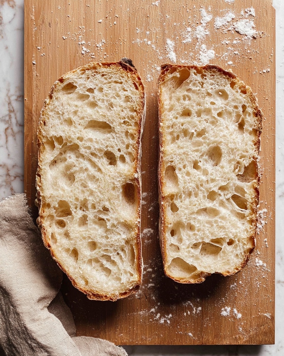 Two slices of rustic bread lie side by side on a wooden cutting board with a light brown tone, featuring visible knife marks and scattered bits of flour. Each slice shows a spongy, airy texture with many holes of different sizes throughout the pale, creamy interior. The crust is a deeper golden brown with a rough and slightly uneven edge. A beige cloth napkin is partly visible in the lower left corner. The scene is well lit with natural light, showing details of the bread's porous crumb and crust texture over the wooden surface replaced with a white marbled texture. Photo taken with an iphone --ar 4:5 --v 7