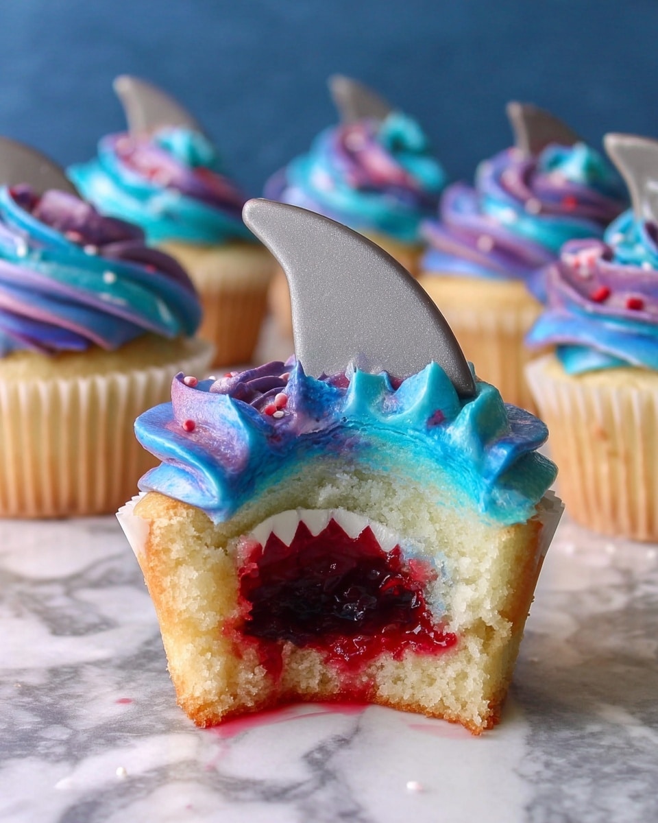 The image shows a vanilla cupcake with blue and purple swirled frosting on top, resembling soft waves. The cupcake is cut in half, revealing a red jam filling inside. A gray chocolate piece shaped like a shark fin stands upright in the frosting. The cupcake rests on a white marbled surface with more whole cupcakes in the background, each decorated with the same colorful frosting and chocolate shark fin on top. photo taken with an iphone --ar 4:5 --v 7
