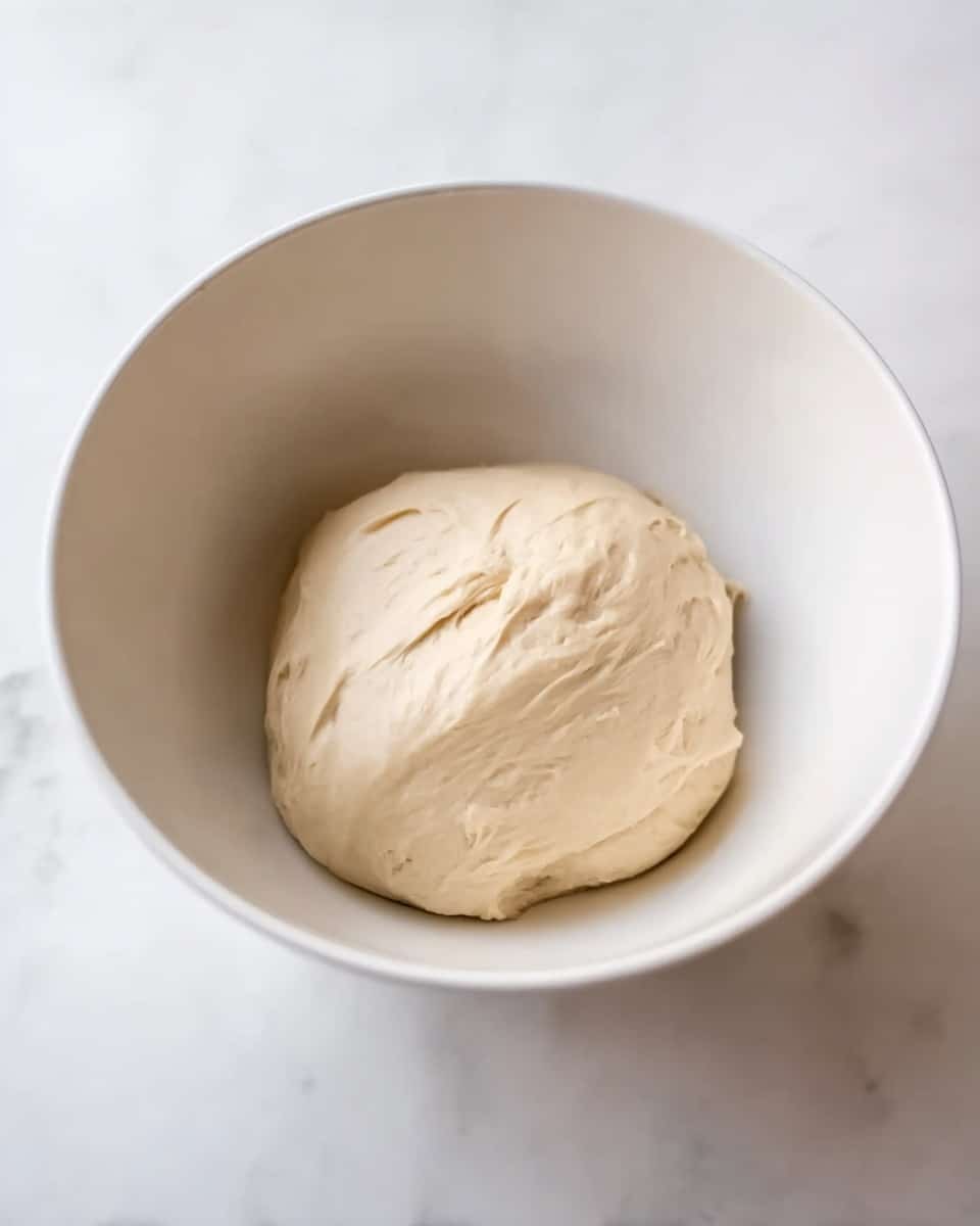 A white mixing bowl containing a single smooth ball of pale beige dough resting at the bottom, with soft folds and a slightly shiny surface showing its elasticity. The bowl sits on a white marbled surface, with the dough centered and no other items visible. photo taken with an iphone --ar 4:5 --v 7