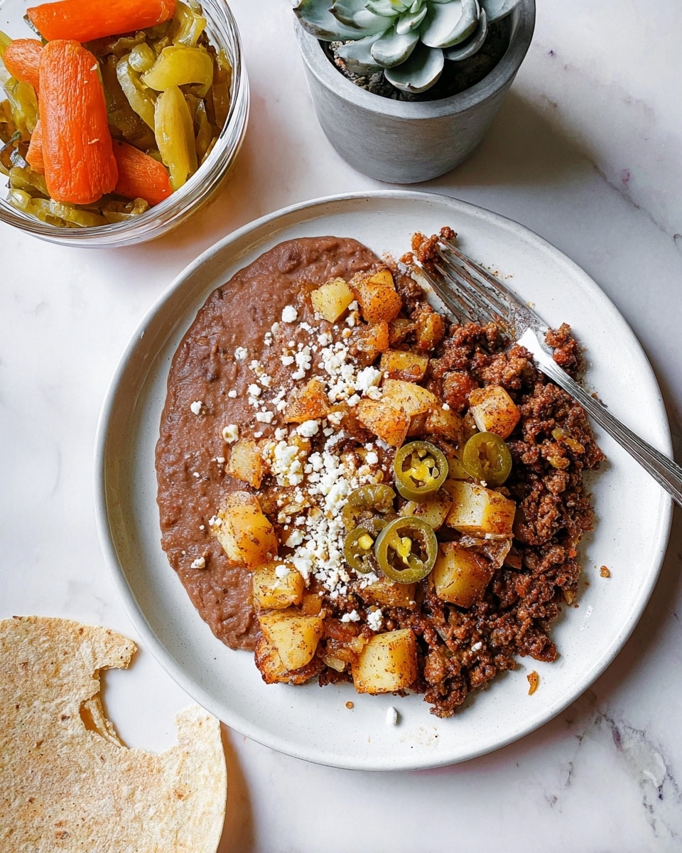 A white round plate holds a dish divided mainly into two sections: on the left side, there is a smooth layer of brown refried beans topped with small white crumbles of cheese, and on the right side, there is a mix of browned ground meat with golden roasted potato cubes and bits of cooked onions, topped with two green jalapeño peppers. A silver fork rests on the right edge of the plate, partially under the meat and potato mix. At the bottom of the image, a torn white tortilla lays partly on the plate and partly on the white marbled surface, with a piece missing. In the top left corner, a glass bowl with pickled vegetables including orange carrot slices and green peppers is visible, along with a small succulent plant in a gray pot on the white marbled background. photo taken with an iphone --ar 4:5 --v 7