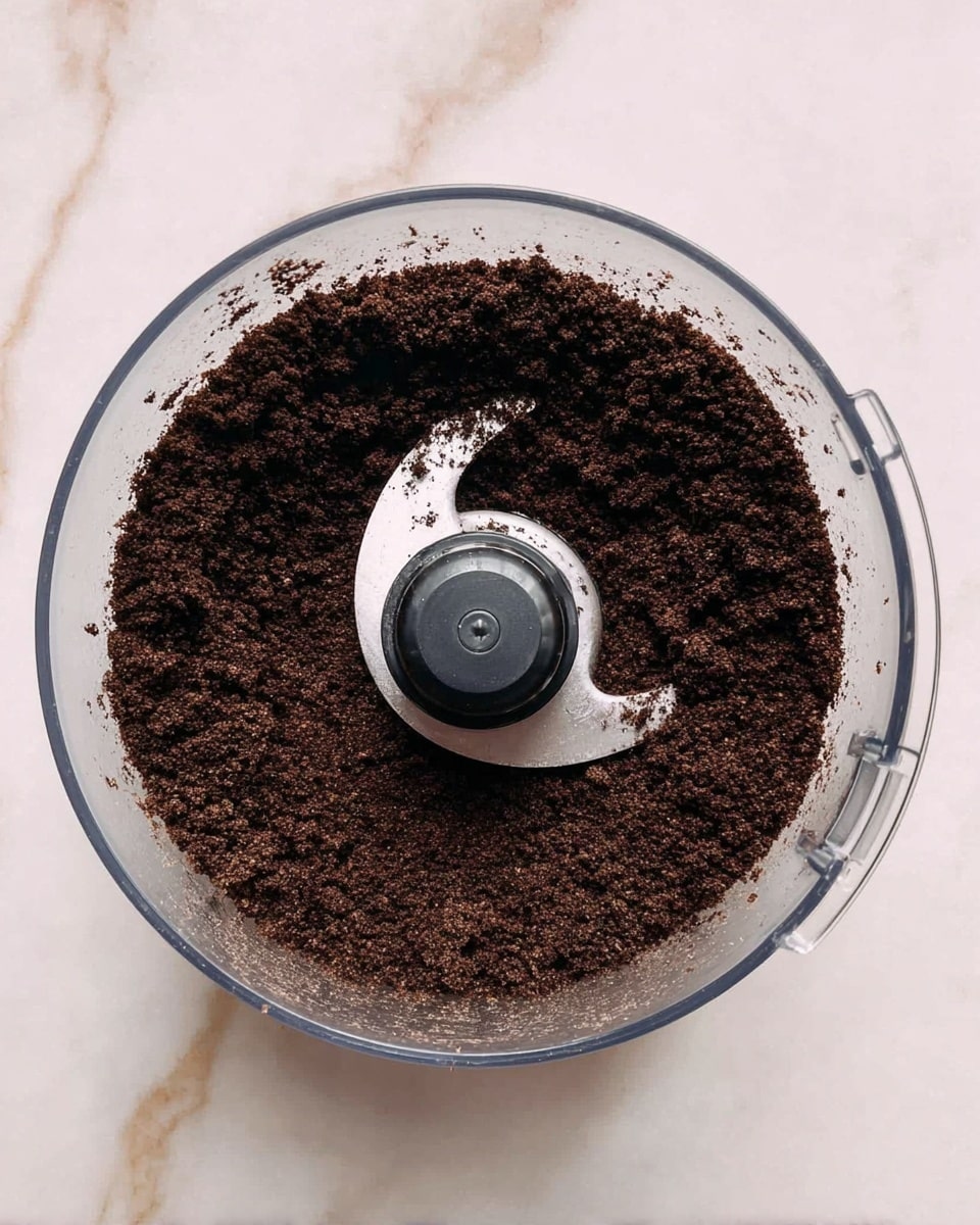 A clear food processor bowl filled with finely ground dark brown crumbly mixture evenly spread inside, centered around the black and silver blade attachment in the middle, sitting on a white marbled surface. photo taken with an iphone --ar 4:5 --v 7