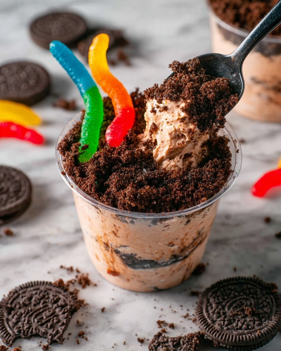 A clear cup filled with a layered dessert featuring a bottom layer of light brown creamy mousse, topped with a thick layer of dark brown crushed cookie crumbs that look like soil. Three colorful gummy worms—orange-red, green-blue, and yellow-red—are stuck into the cookie crumb layer, standing upwards. A black spoon scoops up a portion showing the creamy mousse mixed with some crumbs. Around the cup, there are whole and broken dark cookies on a white marbled surface. Photo taken with an iphone --ar 4:5 --v 7