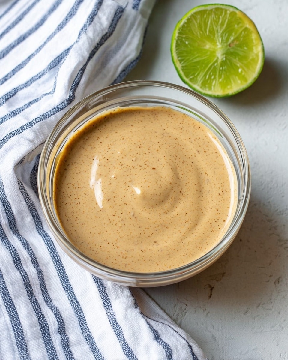 A clear glass bowl filled with a smooth, thick, light brown sauce that has tiny dark specks throughout, sitting on a white marbled textured surface. Next to the bowl, there is a halved squeezed lime showing its green rind and pale inside, and a folded white towel with dark blue stripes is placed near the bowl. Photo taken with an iphone --ar 4:5 --v 7