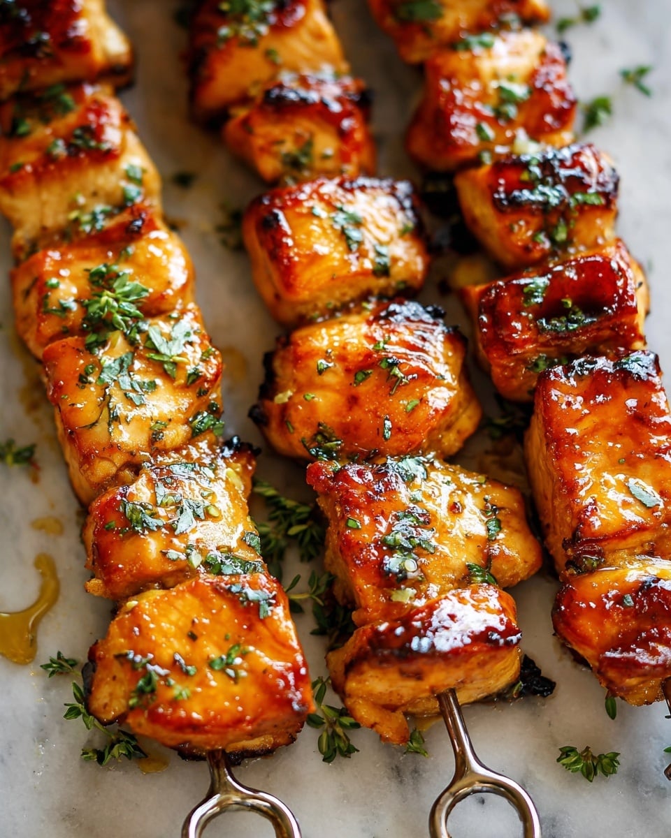 The image shows three metal skewers each holding four to five square chicken pieces, cooked to a golden brown with a shiny glaze. The chicken pieces have small green herb flakes sprinkled over them, adding a fresh touch. The skewers rest closely together on a white marbled surface with some scattered herbs around. The chicken looks tender and juicy with slight caramelized edges giving a rich, warm orange and brown color mix. The metal skewers have round loops on one end, visible at the bottom of the image. photo taken with an iphone --ar 4:5 --v 7