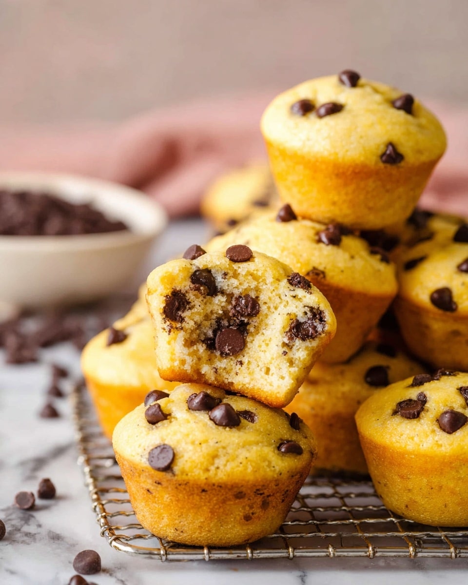 The image shows a group of small yellow muffins with many dark chocolate chips inside and on top. One muffin is stacked on another, with the top muffin having a bite taken out, showing a soft inside with chocolate chips scattered through. The muffins are placed closely together on a wire rack, with a white bowl filled with chocolate chips blurred in the background. The setting uses a white marbled surface and soft lighting highlights the warm and moist texture of the muffins photo taken with an iphone --ar 4:5 --v 7