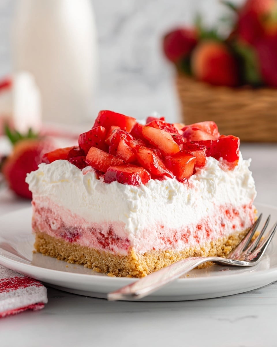 A slice of strawberry dessert sits on a white plate with a silver fork nearby. The base layer is a light brown crumbly crust, topped by a thick white creamy layer. Above this is a pink layer with strawberry pieces mixed inside, followed by a fluffy white whipped cream layer on top. Finally, diced bright red strawberries are spread over the whipped cream, adding a fresh and juicy look. The background has a white marbled texture with a blurred basket of strawberries in the upper right. Photo taken with an iphone --ar 4:5 --v 7