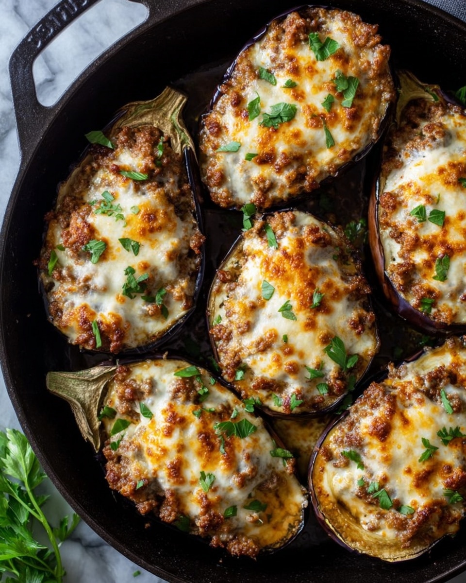 The image shows six stuffed eggplant halves arranged closely in a black cast iron pan on a white marbled surface. Each eggplant half is filled with a mixture of cooked ground meat and topped with melted, golden brown cheese that has a slightly bubbly texture. Small green parsley leaves are scattered over the top, adding a fresh color contrast to the rich filling. The eggplants have a soft, cooked skin with a dark purple color visible around the edges. The pan’s handle is partially visible, and a few sprigs of parsley decorate the background. photo taken with an iphone --ar 4:5 --v 7