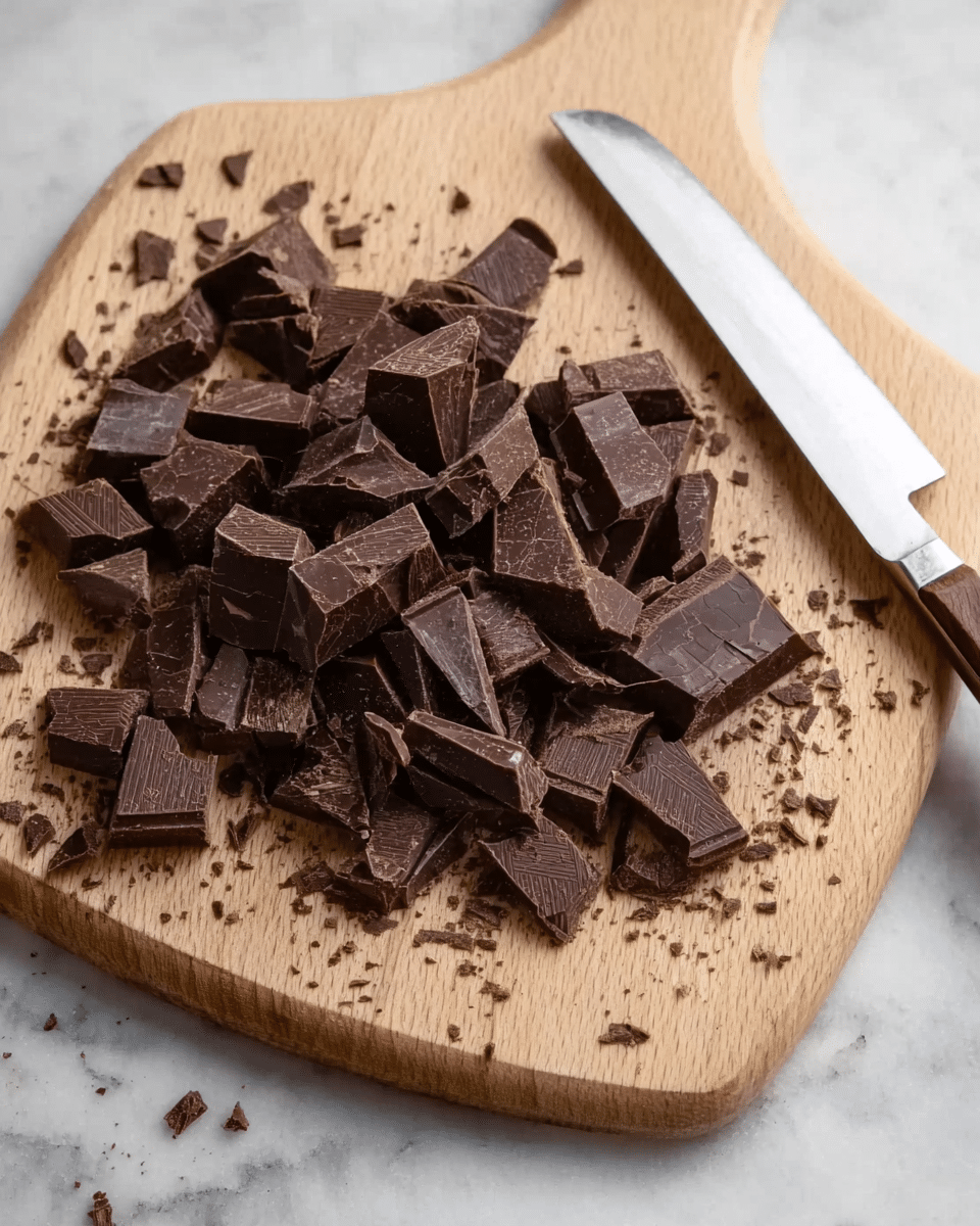 A wooden cutting board on a white marbled surface holds many irregularly shaped pieces of dark brown chocolate, some small chips scattered around. A knife with a wooden handle lies on the board near the chocolate pieces. The chocolate appears dense and slightly rough. photo taken with an iphone --ar 4:5 --v 7