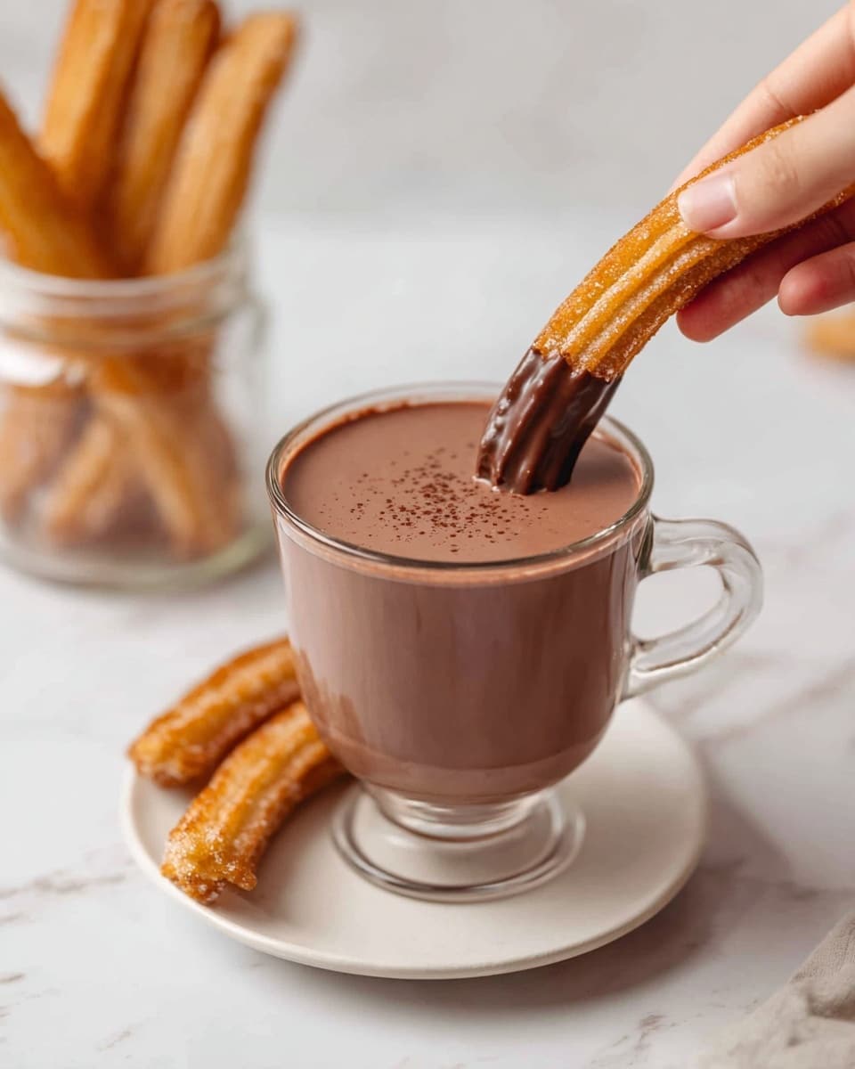 A clear glass mug filled nearly to the top with smooth, brown hot chocolate, showing a slightly glossy surface with a few cocoa sprinkles in the center. A woman's hand holds a golden, ridged churro stick dipped halfway into the drink, coating it with thick chocolate. The mug sits on a white plate with two more churros resting beside it. In the background, a glass jar contains more churros, all set on a white marbled surface. photo taken with an iphone --ar 4:5 --v 7