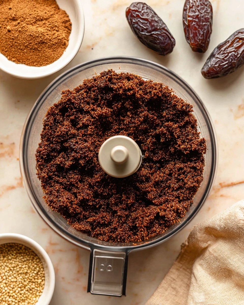 This image shows a clear bowl with dark brown, crumbly textured mixture inside, placed on a white marbled surface. Around the bowl, on the surface, there are three dark brown dates, a small white bowl filled with fine brown powder, and another small white bowl containing light brown ground nuts or seeds. A beige cloth is partially seen to the side, adding a soft texture. The mix in the bowl appears dense with small and large chunks evenly spread. Photo taken with an iphone --ar 4:5 --v 7