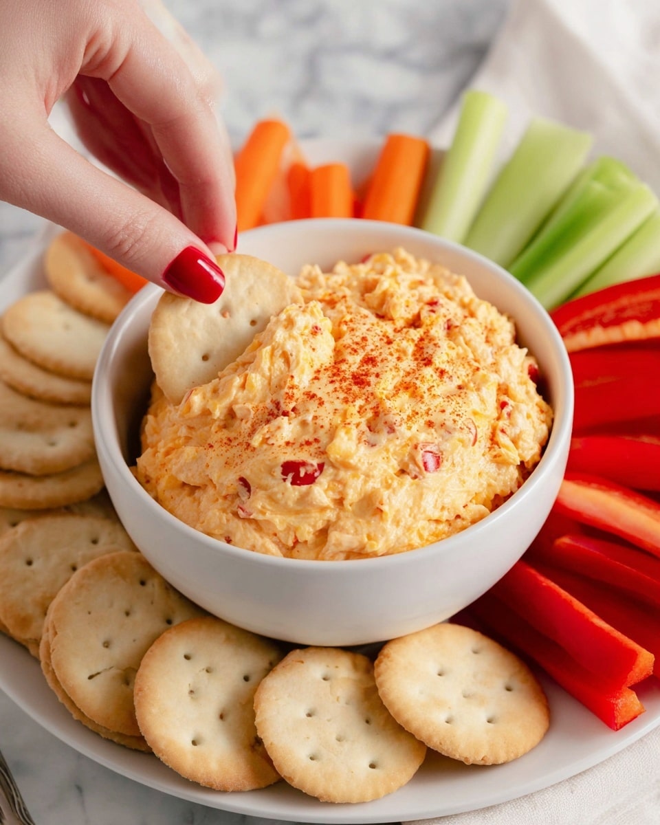 A white round bowl filled with a creamy, textured orange cheese spread with small pieces of red pepper mixed inside, sprinkled lightly with a reddish spice on top. The bowl sits in the middle of a white plate surrounded by multiple round light tan crackers in the front, long orange carrot sticks on the right, bright green celery sticks behind the bowl, and red bell pepper slices. A woman's hand with red painted nails is dipping one cracker into the cheese spread. The background is a white marbled surface. photo taken with an iphone --ar 4:5 --v 7