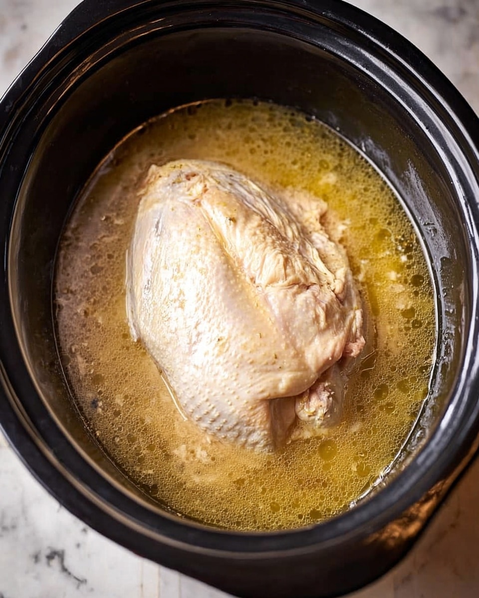 A large piece of cooked poultry with pale skin sits in the center of a black crockpot filled with clear, yellowish broth that has some small bits floating in it. The surface of the broth glistens with a light layer of oil, and the poultry piece is fully submerged except for its top part, showing a smooth texture with some slight wrinkles. The background surface is white marble. photo taken with an iphone --ar 4:5 --v 7