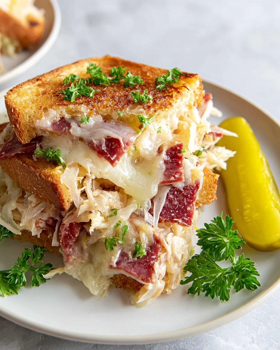 The dish is served on a white plate with a white marbled texture background. It shows a sandwich cut into pieces with layers starting from golden toasted bread on the outside, soft melted cheese that looks creamy and slightly stretchable, thin slices of reddish cured meat inside, and a layer of light-colored sauerkraut mixed throughout. Small green parsley leaves are sprinkled over the sandwich adding a fresh touch. Beside the sandwich, there is a bright yellow pickle spear and some whole parsley leaves as garnish. The photo is taken with an iphone --ar 4:5 --v 7