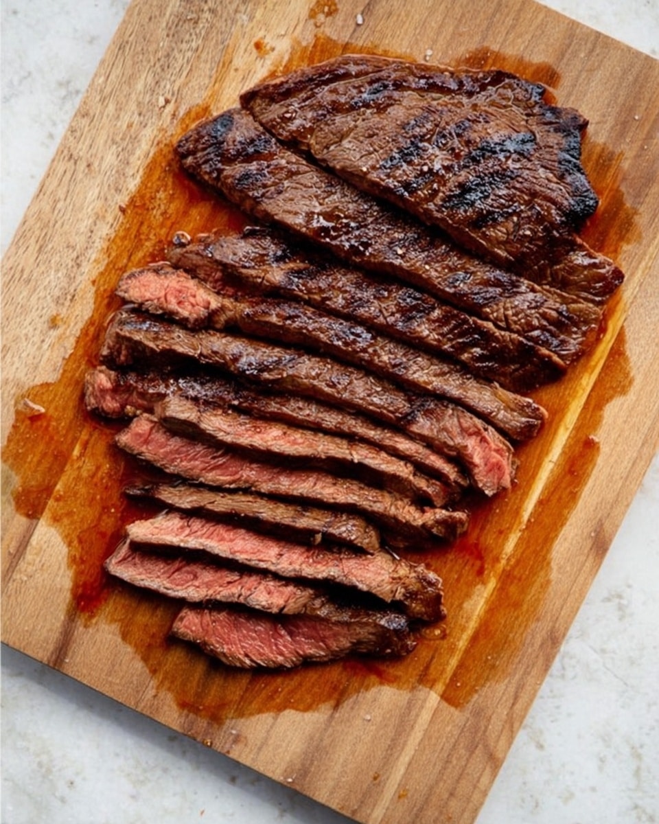 A wooden cutting board rests on a white marbled surface, displaying a sliced grilled steak. The steak is cut into thin strips, showing a dark brown, slightly charred outer layer with visible grill marks, and a juicy, slightly pink interior. The meat is arranged in a neat row, with some juices pooling on the cutting board around it. The texture of the steak looks tender and cooked just right. photo taken with an iphone --ar 4:5 --v 7