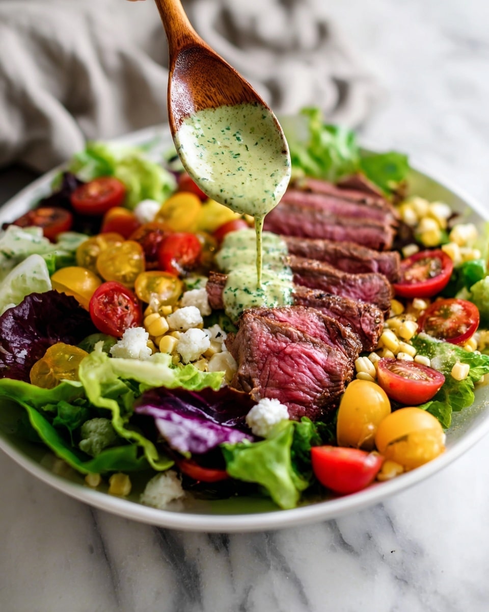 A white plate filled with a colorful salad made of mixed green and purple leafy lettuce, halved red and yellow cherry tomatoes, and small white corn kernels scattered on top. Around the edges, there are slices of medium-rare steak with a pink center and a brown outer layer. Above the salad, a wooden spoon held by a woman's hand is pouring creamy green dressing with small herb specks onto the salad. The background features a white marbled surface with a blurred gray cloth. photo taken with an iphone --ar 4:5 --v 7