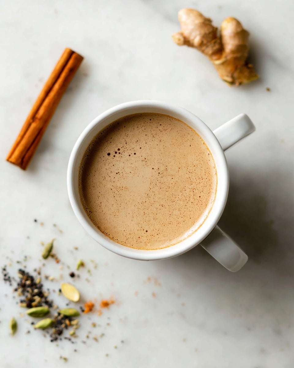 A top view of a white cup with one layer of light brown frothy chai tea inside, placed on a white marbled surface. Around the cup, there is a cinnamon stick with rough texture in orange-brown, a small piece of ginger root with a light tan, knobby surface, and some loose green and black spices scattered, adding natural colors and textures to the scene. Photo taken with an iphone --ar 4:5 --v 7