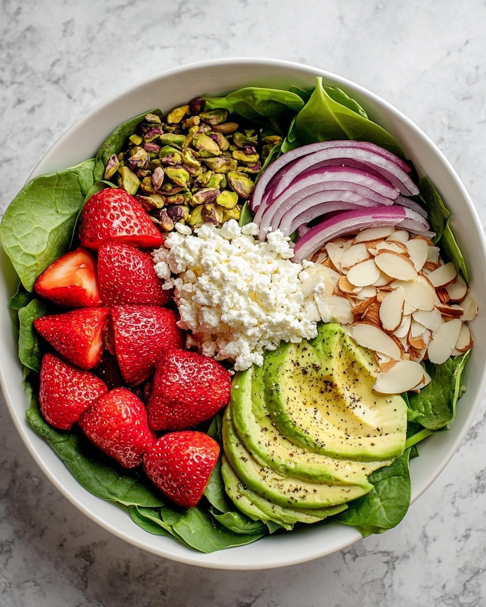 A white bowl filled with a fresh salad arranged in five distinct sections over a bed of dark green spinach leaves. Starting at the bottom, there is a layer of bright red whole and sliced strawberries. To the left, there is a small pile of chopped green pistachios. Next, thin slices of purple-red onion are layered in a small arc. In the center, a mound of white crumbled cheese sits prominently. On the right, there are thin light brown toasted almond slices placed next to a fan of light green sliced avocado with black pepper sprinkled on top. The bowl sits on a white marbled surface. photo taken with an iphone --ar 4:5 --v 7