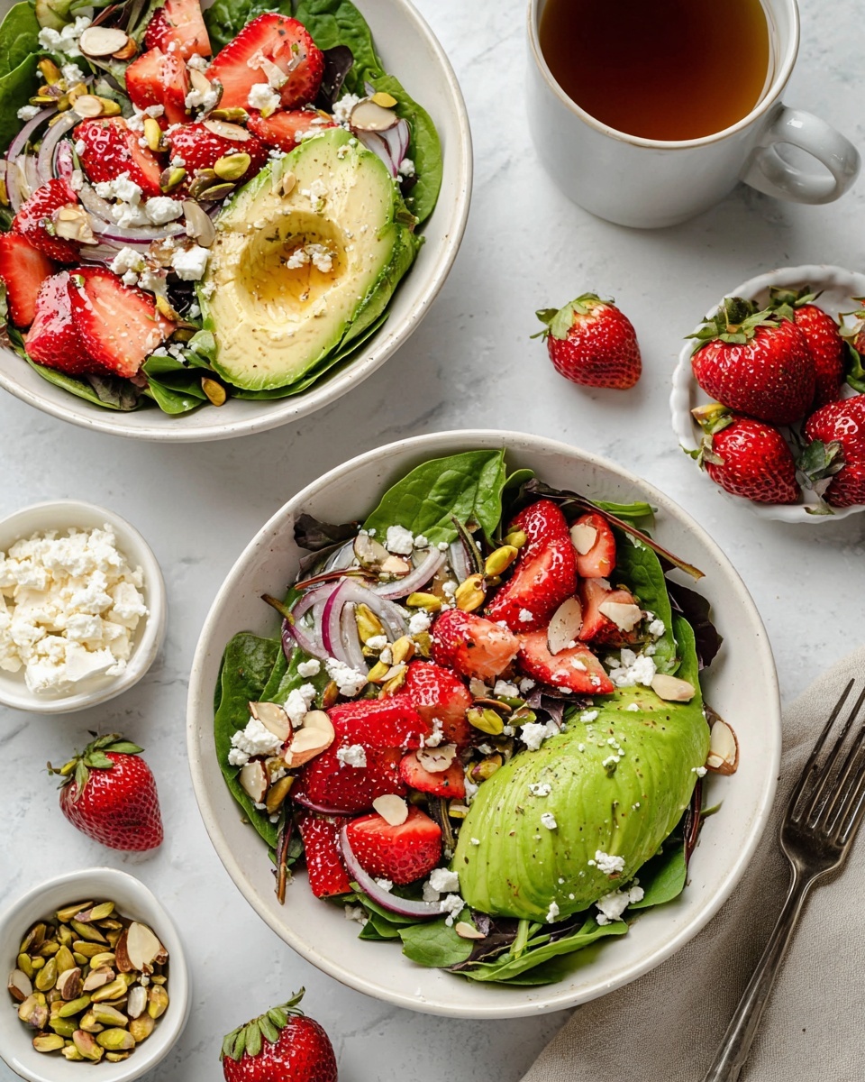 Two white bowls of fresh salad sit on a white marbled surface. Each bowl has layers starting with dark green spinach leaves at the bottom, followed by slices of bright green avocado arranged on one side. Juicy red strawberries, some whole and some sliced, are spread on top along with thin purple-red onion slices. Small white crumbles of cheese are scattered over the salad, mixed with a sprinkle of light brown almond slices and green pistachio nuts. Around the bowls are small white dishes holding more cheese and nuts, a white cup with a brown liquid, and fresh strawberries, adding detail and texture. photo taken with an iphone --ar 4:5 --v 7