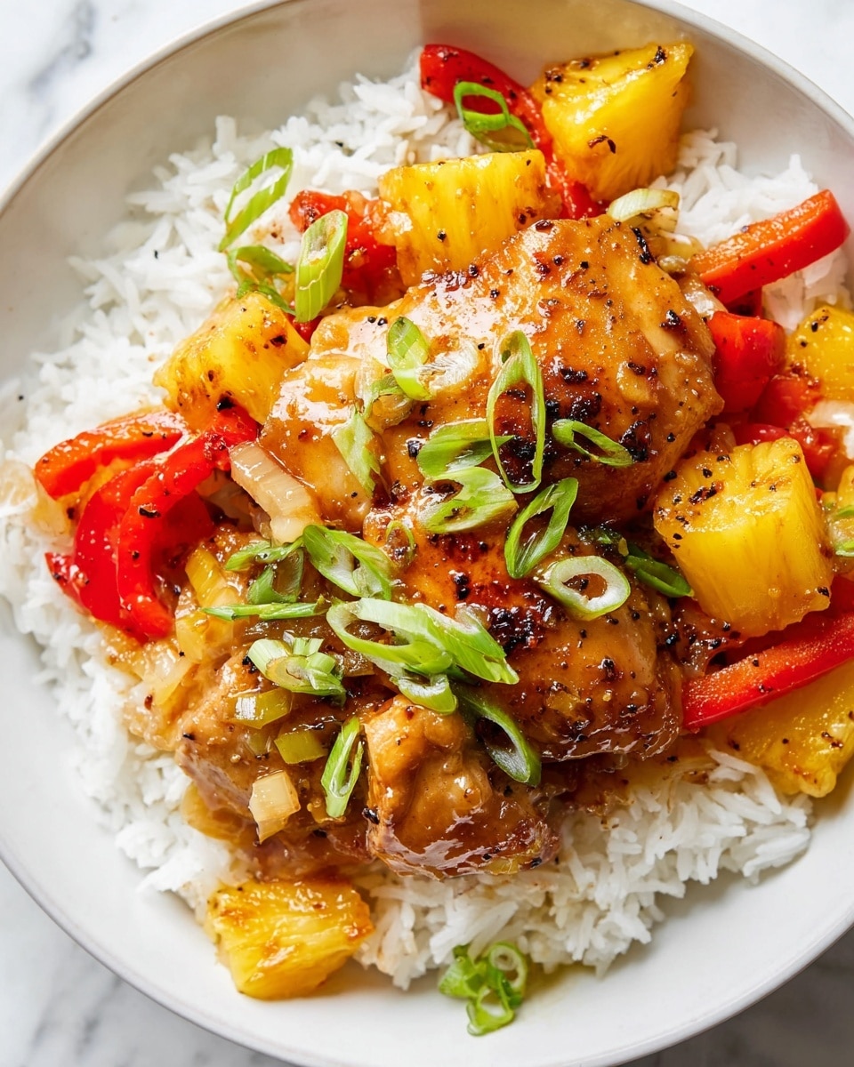 A white plate holds a bed of fluffy white rice as the bottom layer, topped with a golden-brown cooked chicken thigh covered in a shiny sauce speckled with black pepper and small diced onions. On top of and around the chicken, there are bright green sliced scallions adding fresh color. To the right and scattered around are chunks of yellow pineapple and strips of red bell pepper, both glossy and coated lightly with sauce, creating a vibrant contrast with the rice and chicken. The whole dish sits on a white marbled surface. photo taken with an iphone --ar 4:5 --v 7