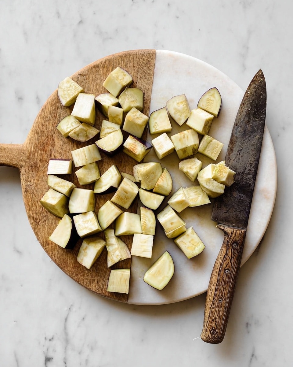 The image shows a round cutting board with two sections: one wooden and one white marble. On it, there are many pieces of chopped eggplant, cut into small cubes and wedges, showing pale yellow insides with light brown skin edges. A knife with a worn wooden handle and dark blade lies to the right side of the board. The cutting board is placed on a white marbled surface. photo taken with an iphone --ar 4:5 --v 7