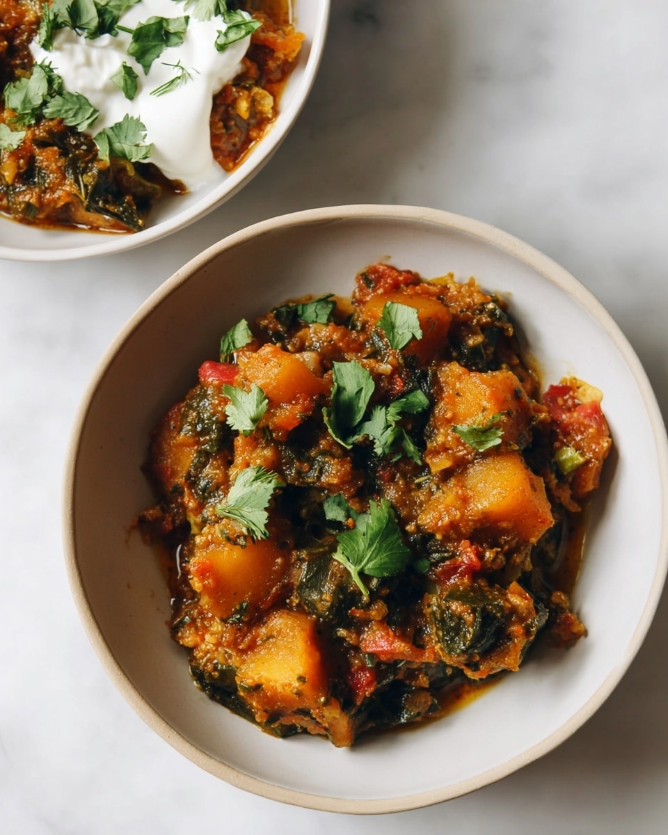 A white bowl filled with a thick stew made of orange chunks of cooked potatoes, dark green pieces of cooked leafy vegetables, and red tomato bits, all mixed in a rich brownish-orange sauce with a slightly chunky texture. The stew is topped with bright green fresh herb leaves scattered on top, adding a fresh contrast. Another bowl is partly visible containing the same stew topped with a dollop of thick white yogurt and additional green herbs. The bowls sit on a white marbled surface, with soft natural light highlighting the colors and textures. photo taken with an iphone --ar 4:5 --v 7