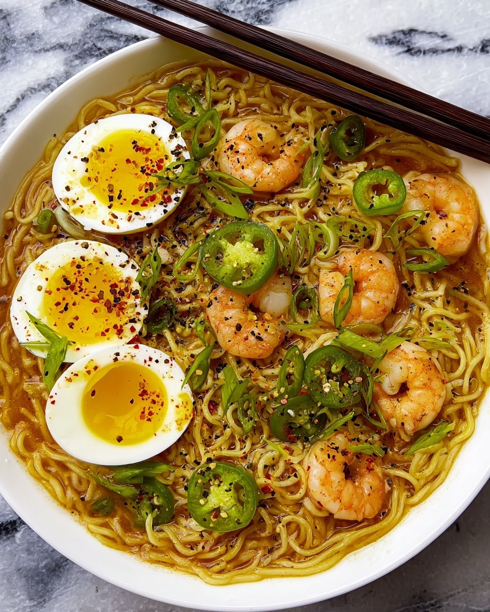A white bowl is filled with thin yellow noodles covered in a light brown broth. On top, there are two halves of a soft-boiled egg with bright yellow yolks, scattered with black sesame seeds and red flakes. Around the eggs, there are curled orange shrimp and several round green slices of jalapeno peppers. Small green herbs are sprinkled all over, with three longer green chives placed on one side. A pair of dark wooden chopsticks rests on the edge of the bowl, which sits on a white marbled surface. Photo taken with an iphone --ar 4:5 --v 7