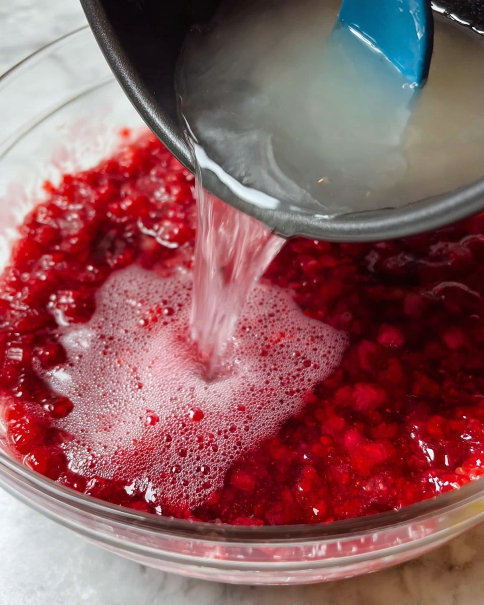 A close-up image showing a black pot pouring a clear, steaming liquid into a clear glass bowl filled with bright red crushed raspberries. The raspberries form a textured layer at the bottom, with the liquid creating a shiny, slightly foamy surface on top as it mixes with the fruit. Part of a blue spoon is visible in the bowl, stirring the mixture. The scene is set on a white marbled texture surface. Photo taken with an iphone --ar 4:5 --v 7