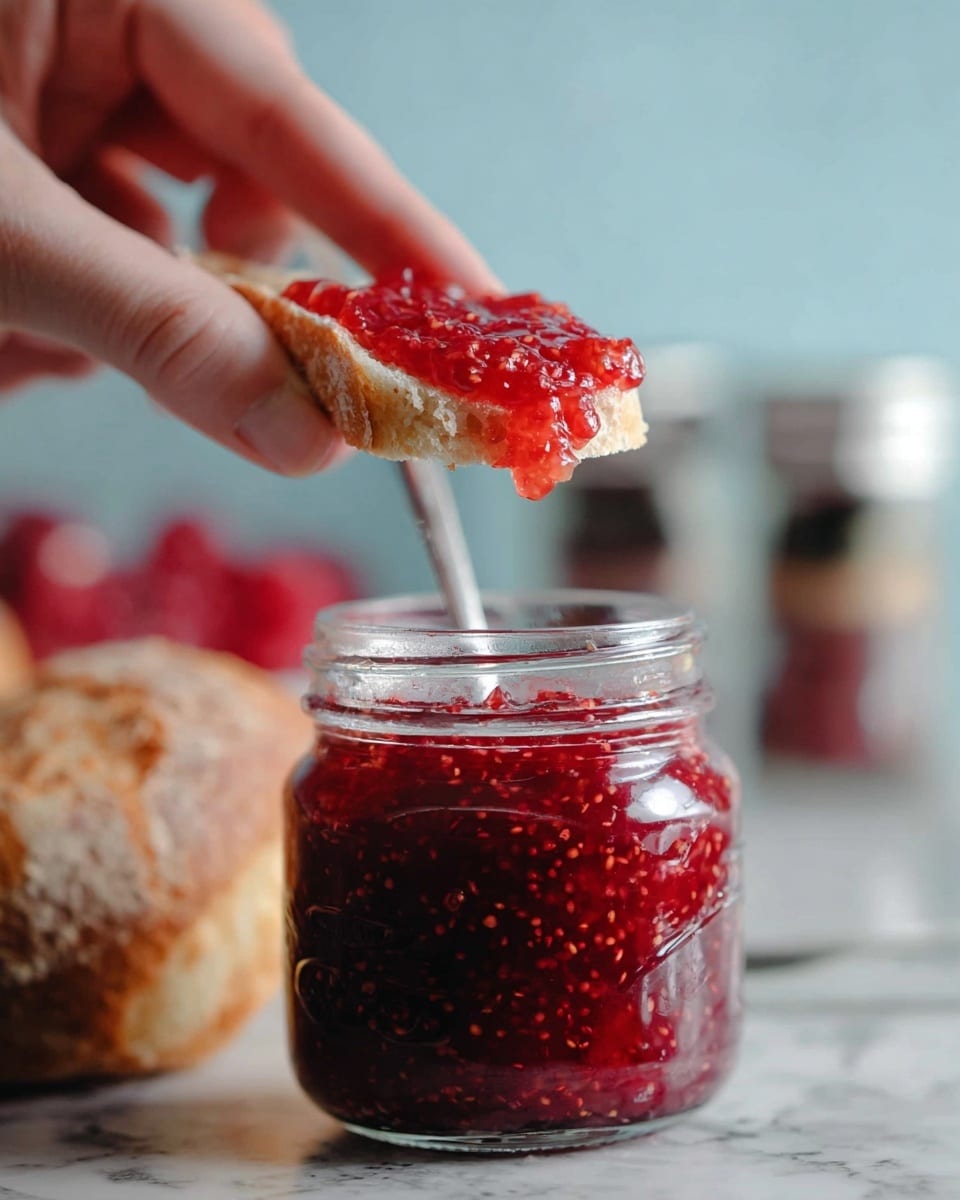 A close-up scene shows a woman's hand holding a small piece of crusty bread dipped with bright red, chunky raspberry jam that glistens in the light; beneath, a clear glass jar filled with thick red jam reveals textured seeds and fruit pieces. The background features blurred jar lids and spice bottles against a soft blue wall, with the whole setup resting on a white marbled surface. The image captures the texture of the bread’s crust and the jam's shine in sharp focus, emphasizing the layers of bread and jam held above the jar. Photo taken with an iphone --ar 4:5 --v 7