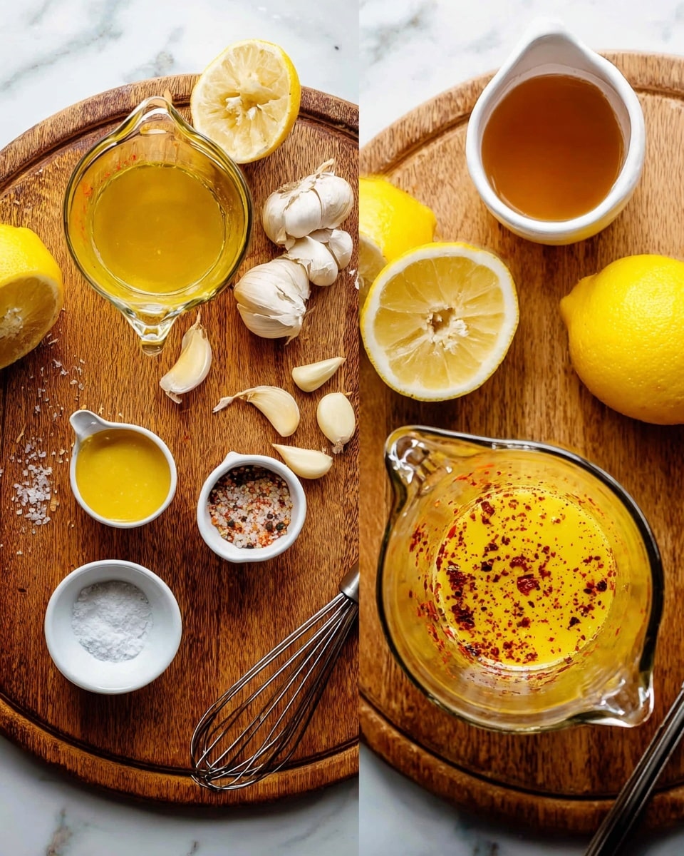 The image shows a wooden board with several ingredients arranged on it, placed on a white marbled surface. There are two lemon halves and one whole lemon with a bright yellow color positioned near the center. A glass measuring cup filled with golden oil is placed on the left side of the board, with a small white bowl of yellow mustard below it. Garlic cloves are scattered near the lemons, and a small white bowl with coarse salt and a metal spoon sits to the right of the lemons. Above the board, there is a small bowl of a brown liquid, likely vinegar. On the right side of the image, a close-up shows the glass measuring cup now containing a yellow mixture sprinkled with red chili flakes, sitting next to one lemon half and a metal whisk on the wooden board. Photo taken with an iphone --ar 4:5 --v 7