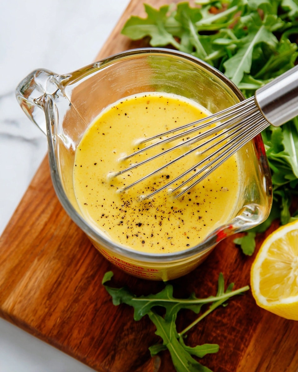 A clear glass measuring cup filled with a smooth yellow dressing or sauce topped with small black pepper specks is shown from a close angle. The mixture inside looks thick and slightly glossy. A metal whisk is placed inside the cup, with thin silver wires touching the dressing, creating a sense of movement. Around the bottom front of the cup are bright green arugula leaves, and a section of a lemon is positioned to the right on a wooden cutting board with a warm brown color and natural wood texture. The whole scene is set against a white marbled background. photo taken with an iphone --ar 4:5 --v 7
