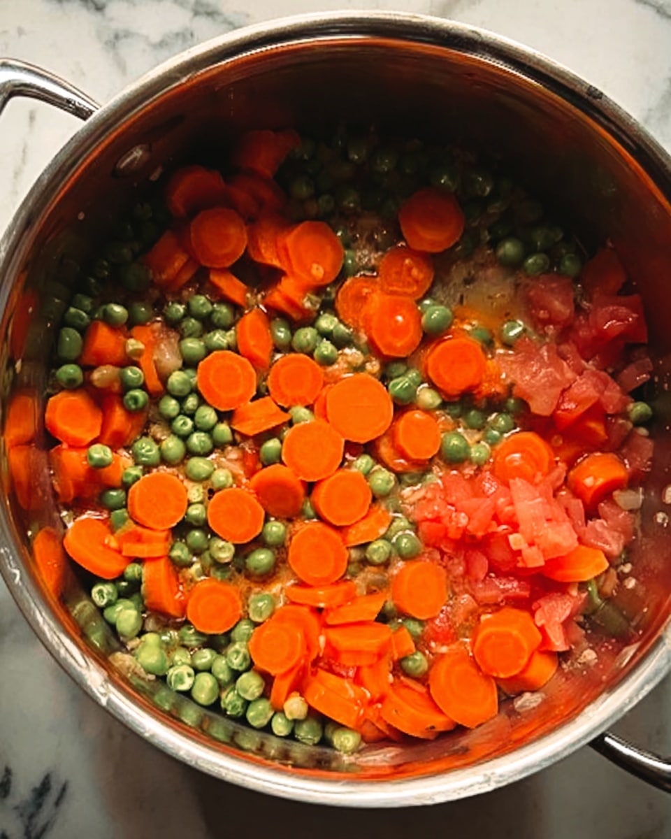 The image shows a close-up of a silver cooking pot with small orange carrot slices, green peas, and small pieces of pink diced tomatoes inside. The vegetables appear soft and lightly cooked, scattered across the bottom of the pot, with some light steam visible. The pot is placed on a white marbled surface. photo taken with an iphone --ar 4:5 --v 7