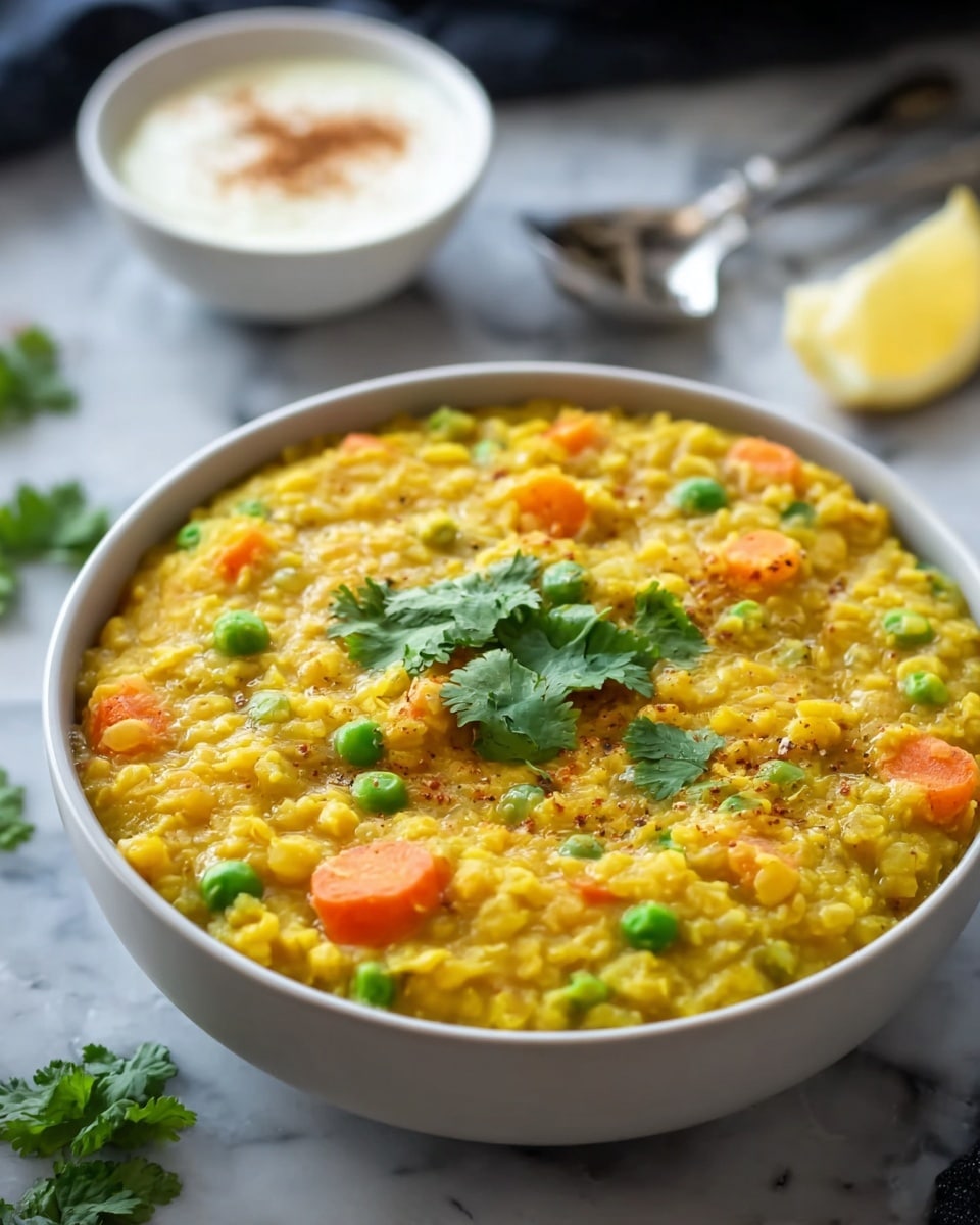 A bowl filled with thick yellow lentil curry that has visible orange carrot slices and green peas mixed inside, topped with fresh green cilantro leaves. The bowl is white and placed on a white marbled surface, with some cilantro leaves and a lemon wedge nearby. In the background, there is a small white bowl containing a creamy white sauce sprinkled with brown spices, next to a silver spoon. The lentil dish looks soft and hearty with a slightly chunky texture photo taken with an iphone --ar 4:5 --v 7